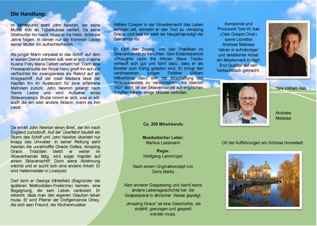 Informationsbroschüre mit Texten über John Newton, Schloss Hovestadt, Musik und Schlossbildern.