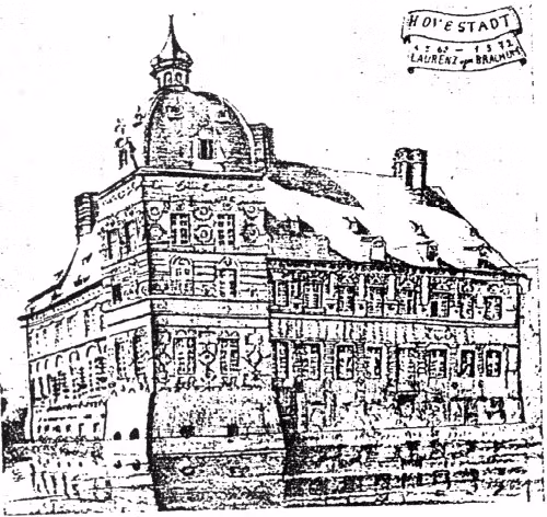 Schwarz-Weiß-Skizze von Schloss Hovestadt, einem historischen Gebäude mit einem Kuppelturm und vielen Fenstern.